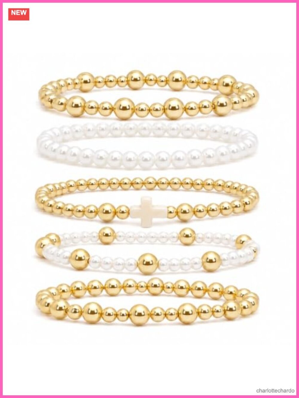 Gold Beaded Cross Bracelet Set 3 Pack Stretch Stackable Gift